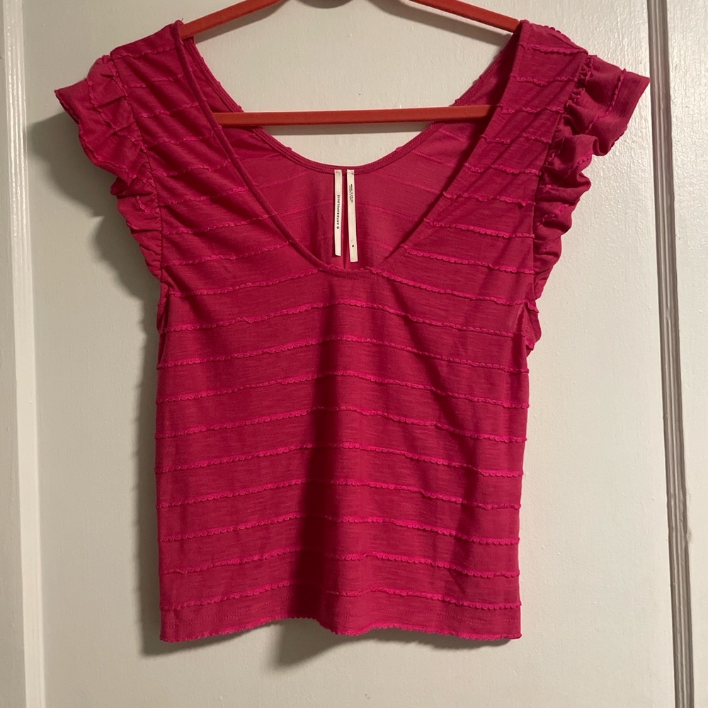 Anthropologie Raspberry V-Neck Ruffle Sleeve Tank - Picture 2 of 9